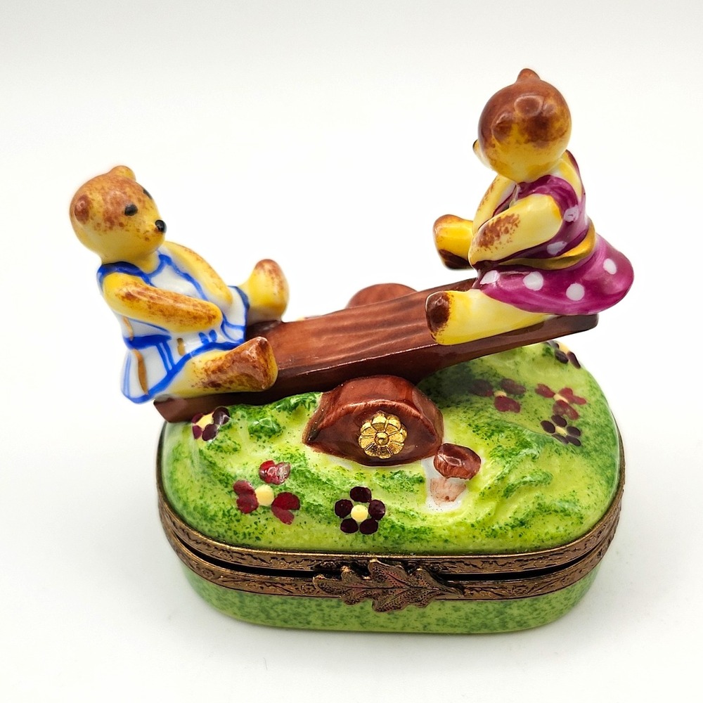 Parry-Vieille Limoges France Bears Seesaw Trinket Box Hand Painted Surprise